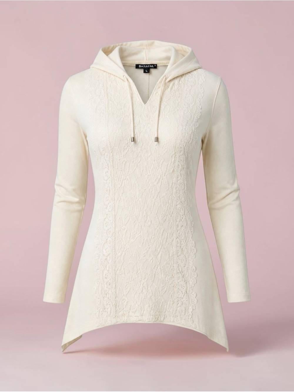 Hannah Ivory Lace Crochet Panel Sharkbite Hoodie Top Cream Cottagecore Small